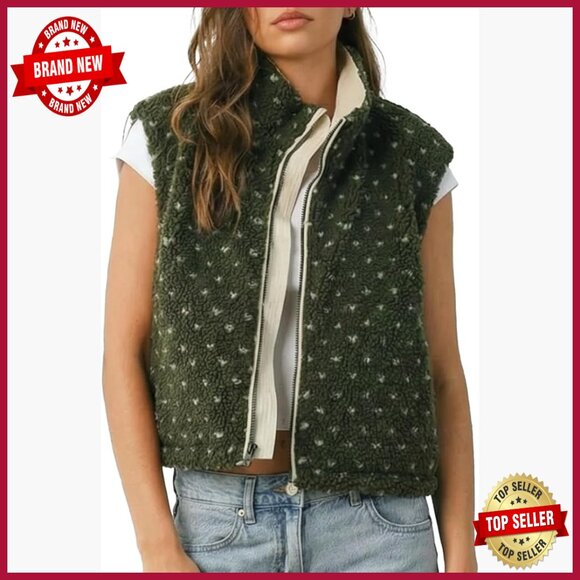 Jackets & Blazers - Large Polka Dot Fleece Vest Women Sleeveless High Neck Zipper Loose Fit